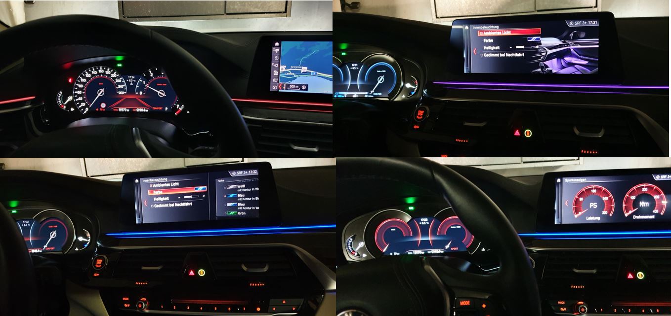 BMW 530i xDrive Luxury Line - Variable ambient Beleuchtung in Armaturenbrett, Türen und Fussraum. Variable Instrumentierung.